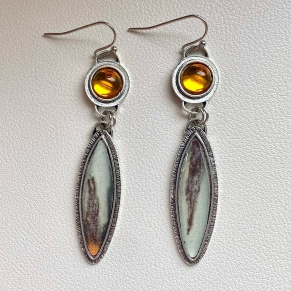 Amber Accent Silver Drop Earrings - Yellow Glass & Pale Green